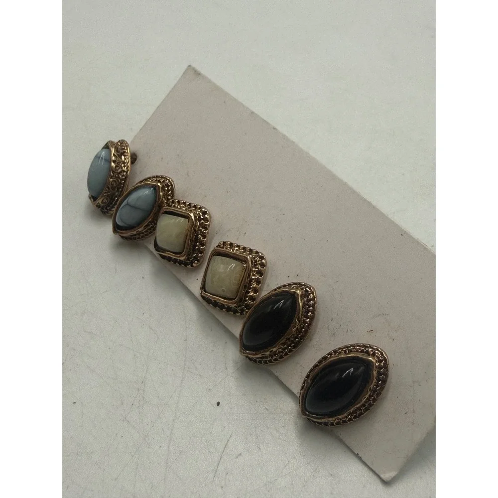 Vintage Style Gold Tone Faux Stone Stud Earrings Set 3 Pairs Blue Cream Black